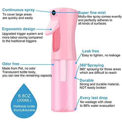 Empty Spray bottles, Continuous Spray Bottle for Hair, Spray Water Bottle Fine Mist Refillable, Skin Care, Showering Pets, Plants, travel, Ironing and Cleaning 6.8 Ounce (1 Pack, Pink)