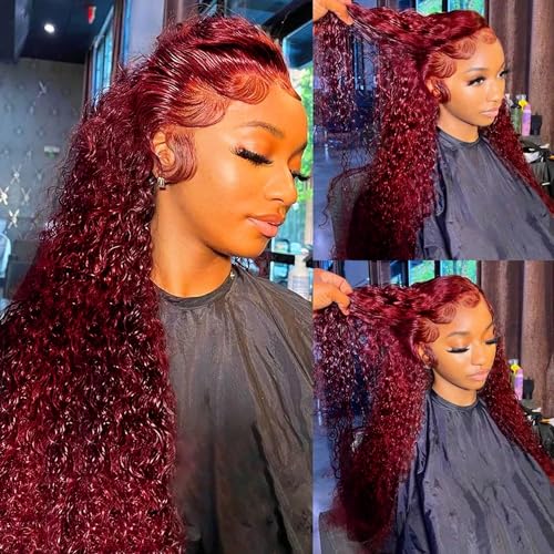 99j Burgundy 13x5 Deep Wave HD Lace Front Wigs Human Hair Pre Plucked Colored Curly Human Hair Wig Glueless Deep Curly Lace Frontal Wigs Red Human Hair Wigs for Women 180% Density £¨20Inch£©