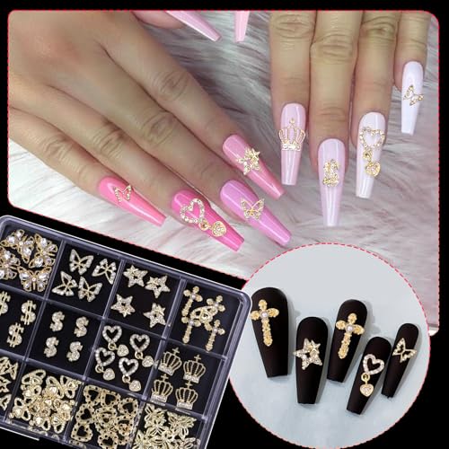 72 Pcs Cross Star Gold Nail Charms, Butterfly Stars Dangle Heart Dollars Crown Golden Nail Gems Charms 3D Star Heart Nail Gems Gold Charms for Nail Art DIY Supplies
