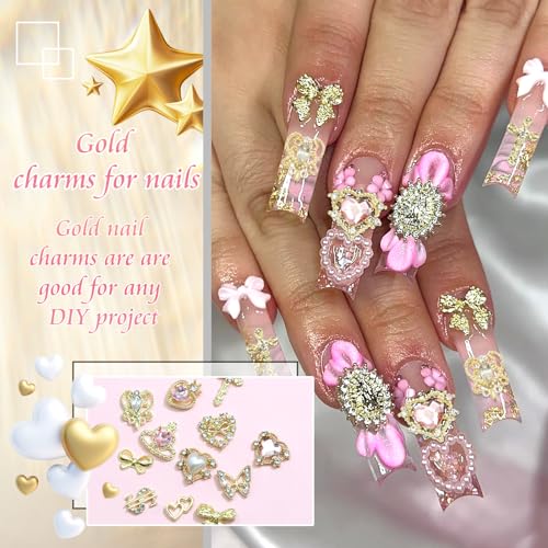 80PCS Gold Nail Charms 12 Shapes Gold Heart Nail Charm 3D Butterfly Nail Charms Alloy Gold Nail Crosses Shiny Money Sign Nail Charms Crystal Pink Planet Charms for Women Nail Art Decoration