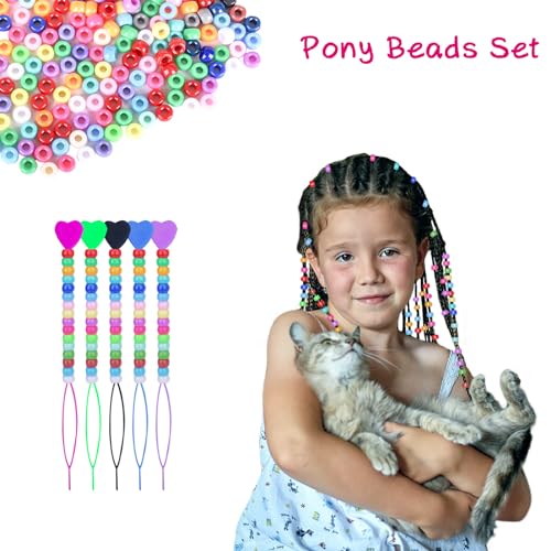 Ningrou 1008 Pcs Hair Beads Kit for Girls and Kids Hair Braids, 500Pcs 9x6mm Pony Beads, 500Pcs Mini Elastic Rubber Bands, 5Pcs Quick Beaders, 1Pcs Rattail Comb and 2Pcs Duckbill Clips