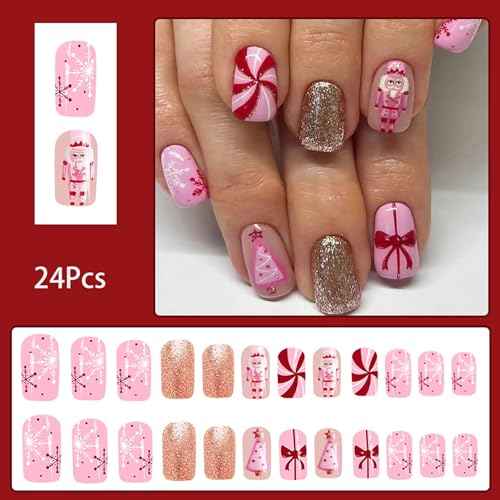 24 Pcs Pink Christmas Press on Nails Short Square Fake Nails Christmas False Nails with Candy Cartton Designs Glitter Xmas Nails Press ons Square Nail Artificial Acrylic Stick on Nail for Women