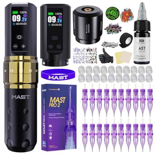 Mast Tattoo Fold2 Pro Tattoo Kit Complete Tattoo Gun Machine Kit 2 Batteries 2000mAh Power Supply for Long Time Needles Cartridges Black Tattoo Ink Kit