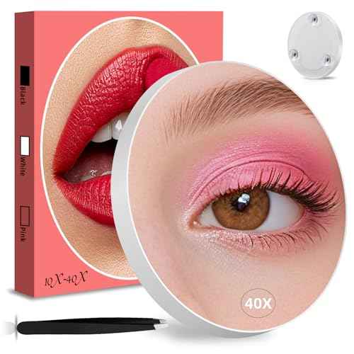 Magnifying Mirror 40X with Suction Cups, 4.5inch Travel 40X Magnified Round Makeup Mirror with High Magnification, Make up Mirror with Tweezers Sets, Ultra Thin of 0.38inch, Lightweight of 0.165lb