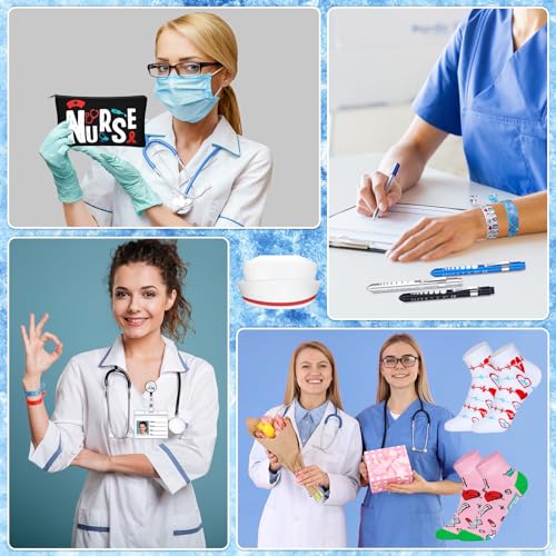 72 Pcs Christmas Nurses Gifts Bulk Nurses Week Appreciation Gift Women with Socks Makeup Bags Penlight Badge Reels Headband Bracelet Hair Rope for Employees Doctors Team Nursing Pharmacists Staff