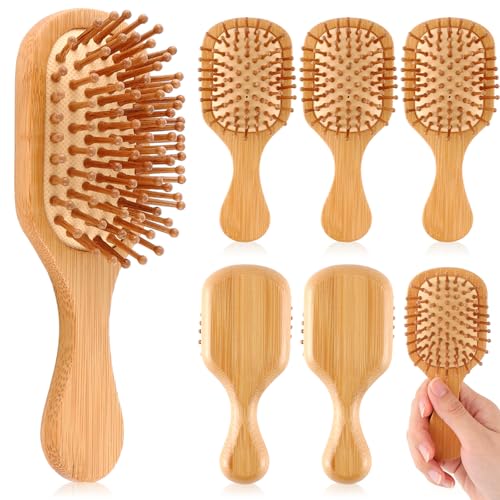 6 Pack Mini Bamboo Hair Brush Bulk Pocket Travel Small Hairbrush Long Short Wet Dry Hair Scalp Massage Gifts for Wedding Bridesmaid Party Favors for Women Men (Square)
