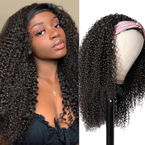 XSY Headband Wig Human Hair for Black Women Kinky Curly Headband Wig Glueless Brazilian Hair None Lace Front Wigs 150% Density Half Wigs Natural Colour 150% Density (22inch)
