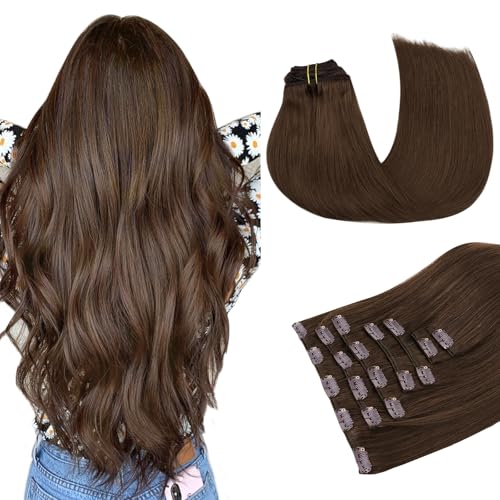 MAXITA Clip in Hair Extensions Real Human Hair, 7 pcs Chocolate Brown 18 Inch 120g, Clip ins Remy Hair Natural Straight Hair for Woman