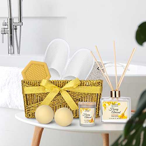 Bath & Body Gift Set, Luxury Home Spa Bath Gift Basket, Honey Almond Scented Bath Set, Pamper Gifts for Women & Teens, 15 Pcs Relaxing Home Spa Kit with Bubble Bath, Bath Salts, Body Lotion
