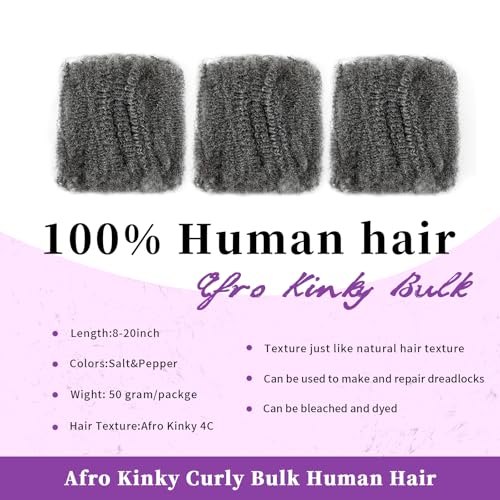 Pre-sretched Afro Kinkys Bulk Human Hair Human Hair for Locs/Twists/Braids/Repair Locs Afro Kinky Curly Bulk Can Bleach And Dye(#SALT&PEPPER,18inch 50g)