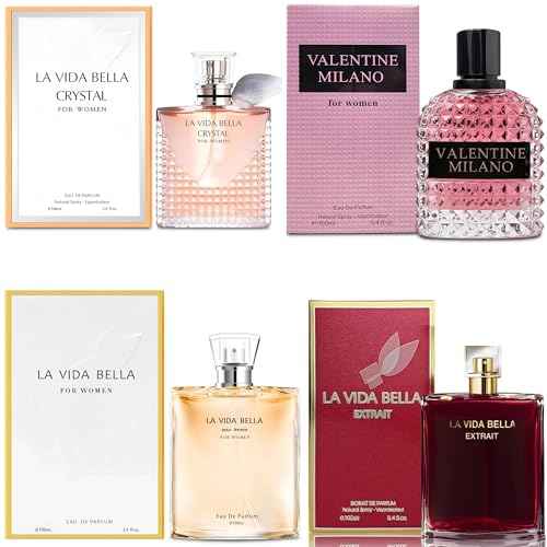 4PCS Perfume Set for Women - Floral Fragrance Gift Set with Vanilla,Sweet Fruity Eau De Parfume| 3.4 Fl Oz Each(La Vida Bella,La Vida Bella Crystal,La Vida Bella Ext,Valentine Milano)