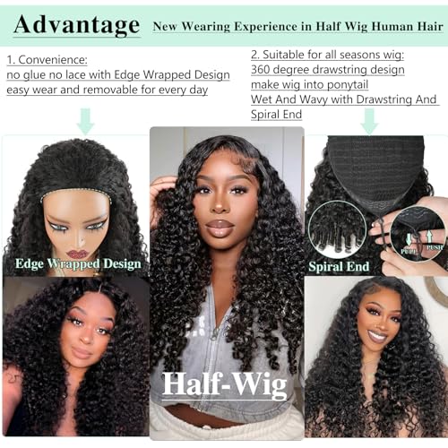 Burmese Curly Half Wigs Human Hair 200% Density Curly 3 In 1 Half Wigs With Drawstring for Women Water Wave Glueless Wig Human Hair with Spiral End,Seamless Flip Headband Wig,Beginner Friendly(14inch)
