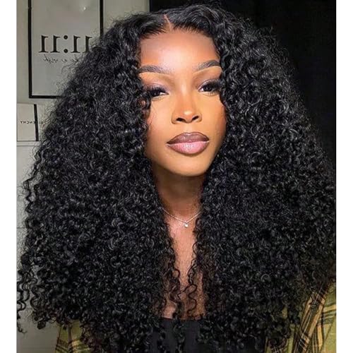 Kinky Curly Half Wig Human Hair Drawstring Seamless Flip Over Half Curly Wig Human Hair Invisible Hairline Glueless Wear and Go Wigs For Black Women Beginner Friendly 16Inch 200% Density