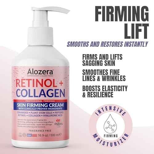 Alozera Skin Firming Retinol Collagen Body Lotion with Stem Cells for Aging Skin and Wrinkles, Non-Greasy, Lightweight Moisturizer, Fragrance-Free, 16.9 oz
