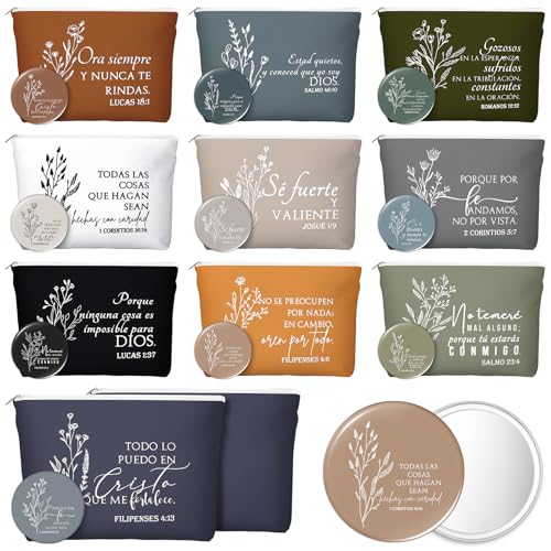 Kacctyen 10 Sets Pastor Appreciation Gifts Bulk Spanish Christian Gifts for Women Regalos Cristianos para Mujer Religious Canvas Makeup Bags with Bible Verse Compact Mirrors (Boho Color)