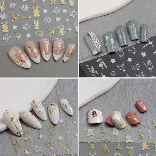 8PCS Christmas Tree Nail Stickers Metallic Nail Decals 3D Self-Adhesive Snowflake Lanterns Bells Elk Bear Star Heart Gold Silver Metal Design Xmas for Women French Manicure Decoration Party