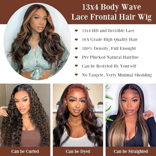 IDHERE 22 Inch Ombre Lace Front Wig Human Hair Pre Plucked 1B/30 Highlight 13x4 Lace Front Wigs Human Hair 180% Density Body Wave Colored Wigs Brown Glueless HD Lace Frontal Wigs for Women
