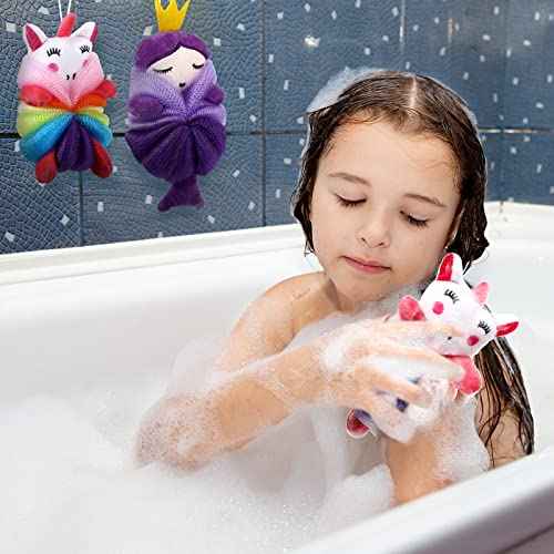 Nuenen 2 Pcs Bath Loofahs Kids Toddler Cute Cartoon Bath Sponges Loofah Pouf Body Scrubber Mesh Sponges for Children Shower Washing Exfoliating(Unicorn, Princess)