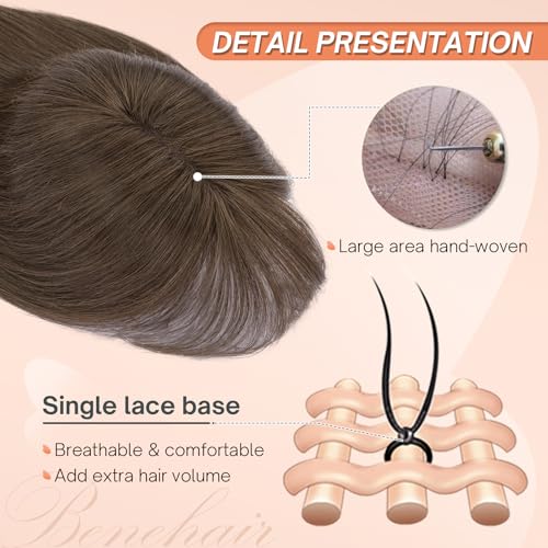 Benehair Hair Toppers for Women Real Human Hair 360¡Æ3D Clip in Bangs Toppers with Bang for Thinning 150% Density Hairpieces Lace Base Long Coverage Wiglet for Daily Use #02 Dark Brown 8Inch