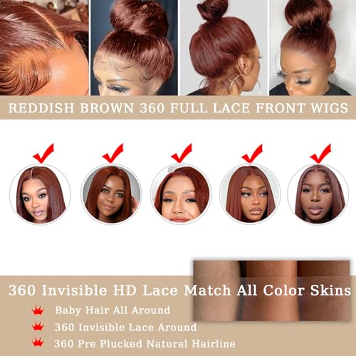 Reddish Brown Lace Front Wigs Human Hair 360 Wig Human Hair Full Lace Straight Colored Ponytail Wig 360 HD Transparent Lace Front Wigs Pre Plucked for Black Women Natural Hairline 22 inch