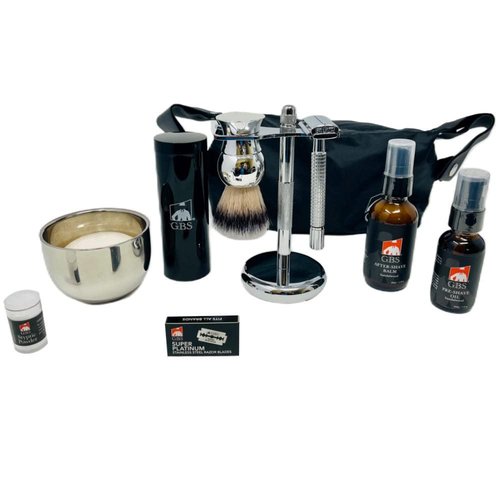 G.B.S GBS Shaving Gift Set with Safety Razor, Bowl, Shaving Soap, Shaving Brush and Stand Pre Shave Oil, After Shave Balm and Toiletry Bag