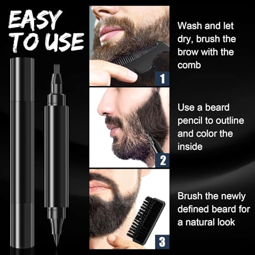 Beard Pen - Beard Pencil Filler for Men, Beard Filler with Beard Brush & Comb, 2-in-1 Dual-Ended Beard Pencils with 4-Fork-Tip & Precise Brush-Tip Birthday Gifts for Dad (Dark Brown)