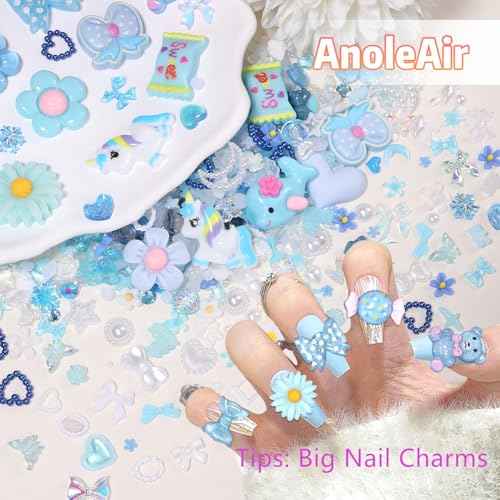 300 Pcs Blue Charms for Junk Cases, Cute Resin Nail Candy Flower Charms, 3D Mix Assorted Pearls Nail Charms, Multi Shapes Flower Bow Star Heart Junk Case Charms for Nail Art DIY Crafts Accessories