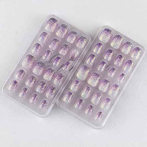 24 Pcs Gradient Purple Kids Press on Nails Pre-glue Children False Nails Short Oval Full Cover Artificial Fake Nails Holo Glitter Acrylic Nail Tips for Little Girls Gift