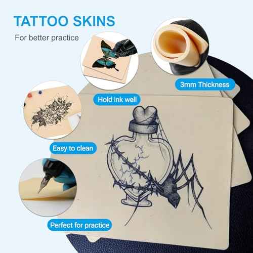 224pcs Tattoo Practice Kit - Include 200pcs Large Tattoo Machine Pen Covers 4pcs Tattoos Grip Wraps 5pcs 3mm Tattoos Skins 10pcs Transfer Paper and 5 Pairs of Gloves for Tattooing Beginner Supplies
