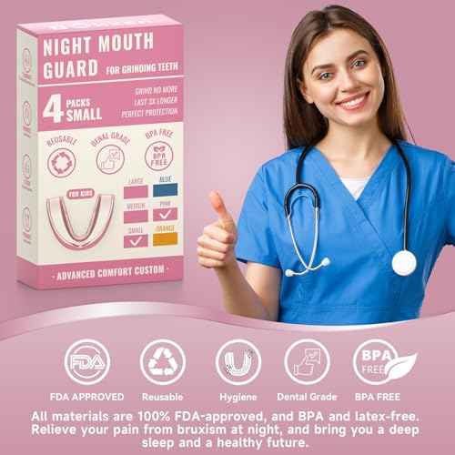 4 Pack Pink Kids Mouth Guard for Grinding Teeth, Moldable Kid Mouth Guard for Clenching Teeth at Night, Comfortable Mouthguard Stops Bruxism, TMJ