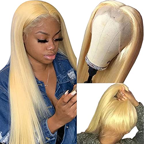 Slightly Bleach Knots Lace Front Wig #613 Blonde Human Hair Lace Wigs Colored with Pre-Plucked Hairline Thick 150% Density Lace Wigs Full Ends with Baby Hair 24'' for Black&White Women