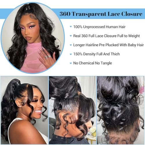 360 HD Frontal Closure Body Wave HD Lace with Baby Hair 100% Virgin Human Hair Lace Frontal Natural Color Natural Black 18 Inch