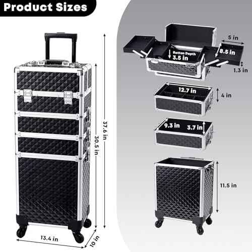 Rolling Makeup Train Case, 4-in-1 Cosmetology Case on Wheels, Nail Tech Cart for Travel, Professional Cosmetic Vanity Case, Suitcase for MUA/Manicure/Tattoo/Style, Lockable Storage Box, Black