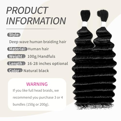 Deep Wave Bulk Human Hair for Braiding 2 Bundles 100g 26 Inch No Weft 10A Brazilian Virgin Curly Human Hair Extensions for Boho Braids Wet Wavy Human Braiding Hair (26"/100G,Black)