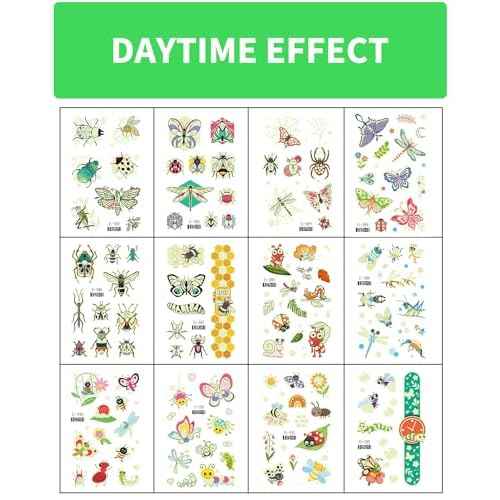 Glow In The Dark Insect Temporary Tattoos for Kids, 12 Sheets Luminous Butterfly Ladybird Bees Ant Fake Tattoo Stickers for Boys Birthday Party Favors Supplies Goodie Bag Fillers Gifts