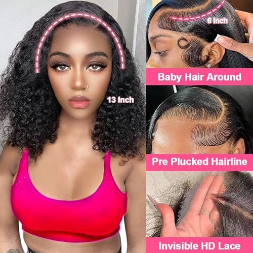 14 Inch Deep Wave Lace Front Wigs - Pre Plucked 200 Density Bob Wig - Glueless, Short Curly Human Hair Wig - Natural Black