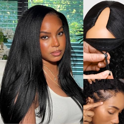 Sunber Yaki Straight V Part Human Hair Glueless Wig Upgrade U Part Wig No Leave Out Vpart light yaki straight Machine Made Clip In Half Wigs No Leave Out Real Scalp V Shape 150% Density 20Inch