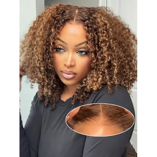 16 inch Wear and Go Glueless Wig Ombre Highlight 4/27 Kinkycurly Wigs Pre Cut Transparent Lace Wig human hair Pre Plucked,Natural Hairline for Women 200% Density