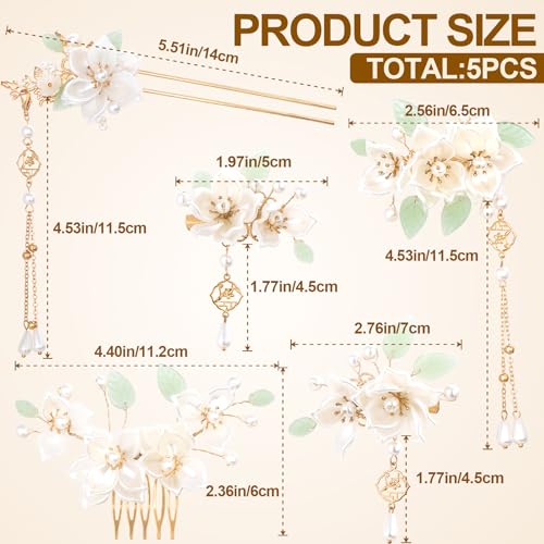 5pcs Camellia Flower Tassel Hair Pins, Vintage Chinese Rhinestones Pearl Hair Sticks, Floral Bun Updo Hair Comb Clip, Bridal Headpiece for Women Wedding, Parties - White