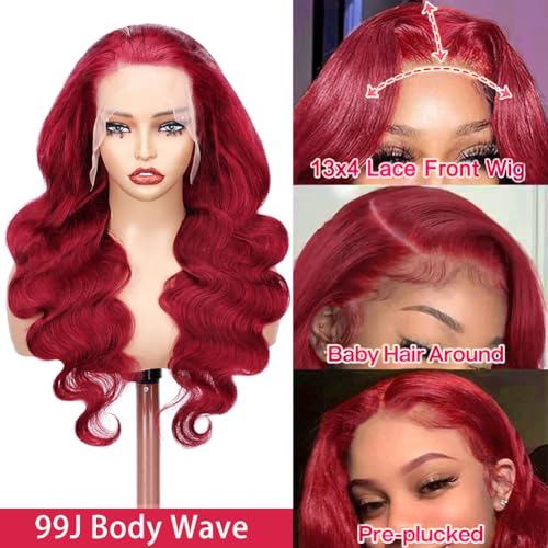 SOSATISFY Body Wave 99J Burgundy Lace Front Wigs Human Hair 200% Density 13x4 Glueless HD Transparent Wine Red Wigs for Women Human Hair Pre Plucked with Baby Hair (20 inch)