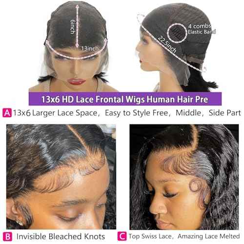 Caijuxing 13x6 Bob Wig Water Wave Bob Wigs Human Hair 13x6 Lace Frontal Wigs 200% Density Curly Bob Wig Human Hair Pre Plucked Deep Wave Wig for Black Women Natural Black (16 Inch)