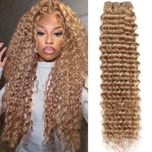 Honey Blonde Deep Wave Human Hair Bundles For Women 28 Inch 27# Color Human Hair Bundles Wet and Wavy 12A Blonde Deep Curly Hair One Bundle