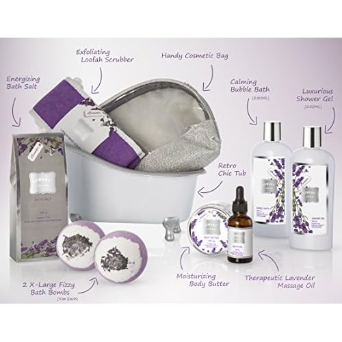 Bath Gift Basket Set for Women: Relaxing at Home Spa Kit Scented - Lavender and Jasmine with Large Bath Bombs, Salts, Shower Gel, Body Butter Lotion, Bath Oil, Bubble Bath, Loofah & More