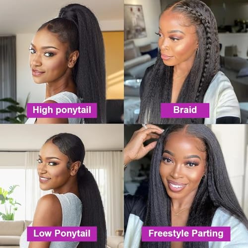 Kinky Straight Lace Front Wigs Human Hair Pre Plucked With Baby Hair 4x4 Transparent Yaki KinkyStraight Human Hair 180% Density Yaki Straight Lace Frontal Wigs for Women 20 Inch