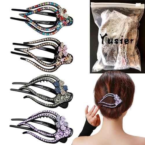 Yusier 4PCS Heart Style Ponytail Duckbill Clips with Headdresses for Women, Flower Rhinestone Barrettes Sparkly Prom Diamond Hair Clips (Plum Blossom)
