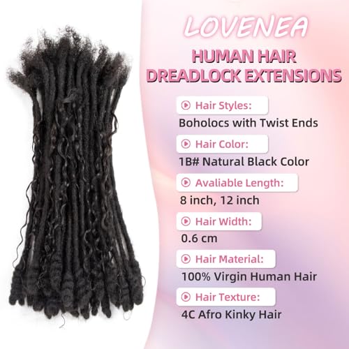 0.6 cm Human Hair Dreadlocks with Twist Ends 12 inch 30 Strands Boholocs Human Hair Handmade Dreadlock Extensions Natural Black Color Can Be Dyed Bleached Curled (1B#, 12 Inch-30 Strands)