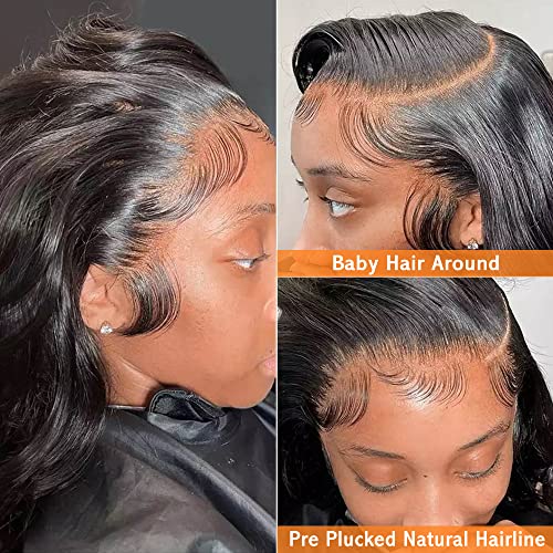 28 Inch Long Body Wave Human Hair Lace Front Wigs Pre Plucked Natural Black Color 13x4 HD Lace Ear to Ear Frontal Wig for Black Women Easy to Style (28 inch)