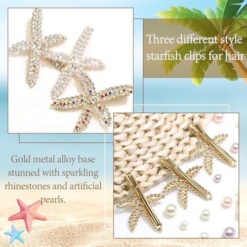Starfish Rhinestone Hair Clips - 3PCS Seashell Crystal Barrettes Mermaid Accessories Head Pieces Glitter Hair Decoration for Women and Girls