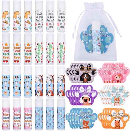 24 Pcs Vet Tech Gift Veterinary Appreciation Gifts Include Lip Balm Thank You Tag Organza Bag Veterinarian Week Gift for Veterinary Technologist Nurse Suitable Birthday Christmas Thanksgiving Gifts