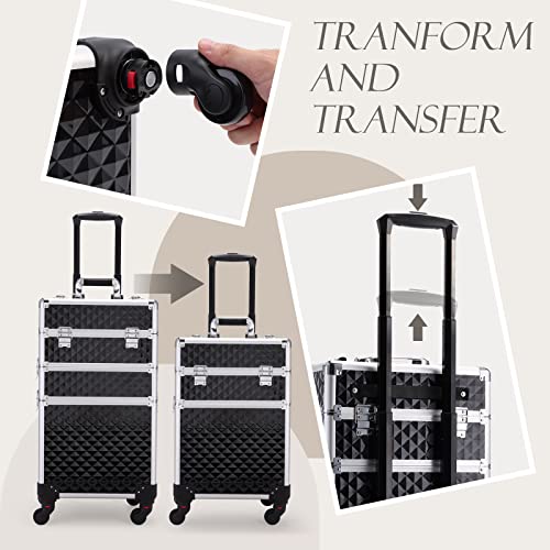 Adazzo 3 in 1 Professional Rolling Makeup Train Case Aluminum Trolley Case with 360¡Æ Rotation Wheels for Makuep Artist Cosmetic Suitcase Organizer with Lock and Key Diamond Pattern - Black